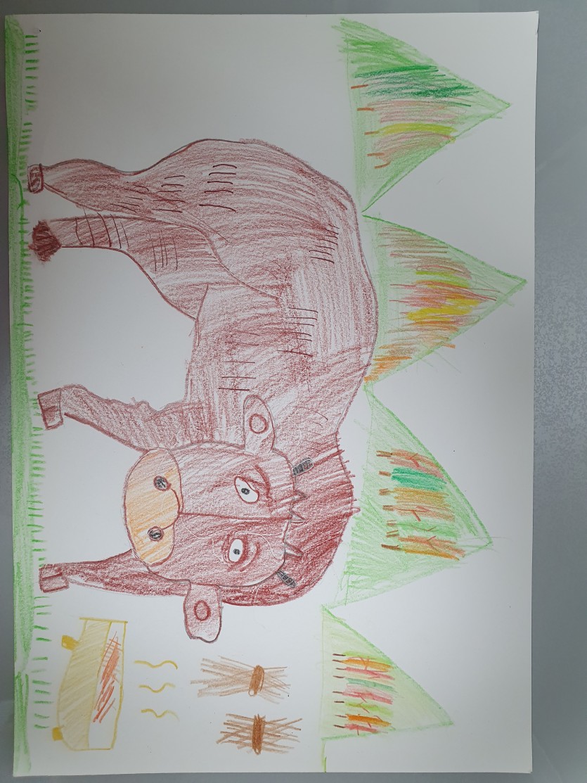 단풍 구경을 하고 싶어 풀밭에 나온 한우가 단풍으로 바뀐 산 앞에서 여물을 먹고 있는 모습이에요. 여물에서는 한우가 좋아하는 맛있는 냄새가 나고 있어요.