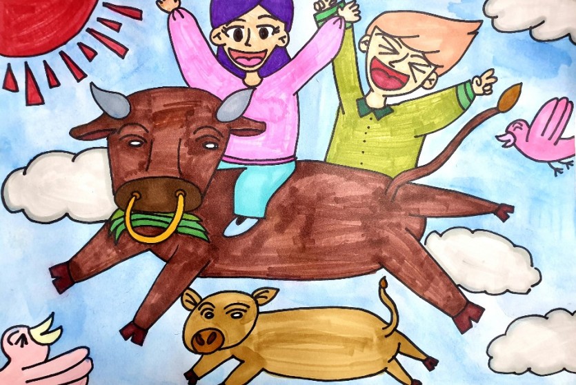 한우와 하늘을 날아보소     청정지역에서 자란 우리나라 최고의 한우를 만났을때 너무 기분이 좋아서 하늘을 날아다니는듯한 기쁜 마음을 그림으로 표현해보았습니다                                     